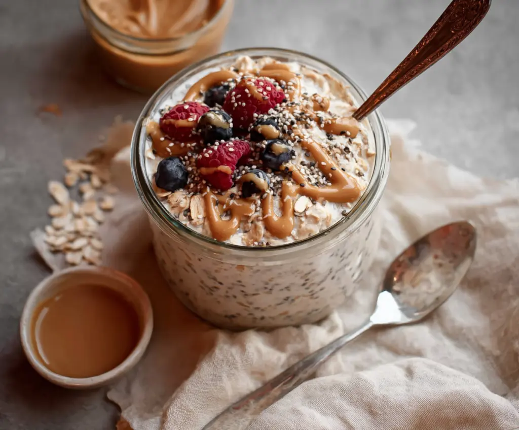 Creamy Sugar Cookie Overnight Oats topped with sprinkles and sugar crystals for a sweet breakfast treat.