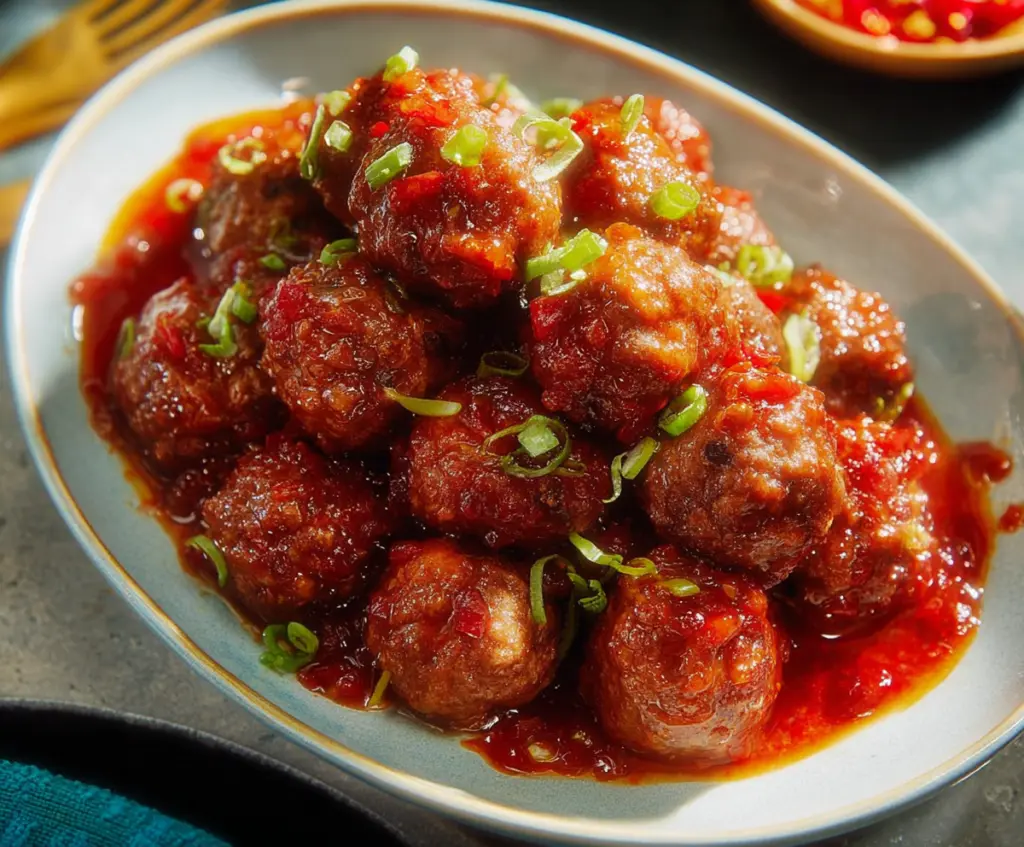 Delicious sweet and spicy meatballs served on a platter ready to eat.