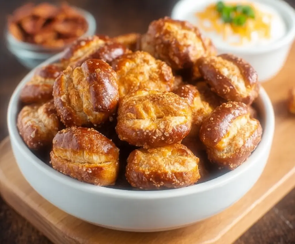Delicious Taco Pretzel Bites with seasoned ground beef, cheese, and fresh toppings on a serving platter.
