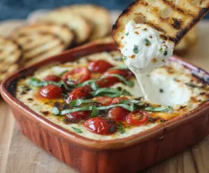 Creamy Tomato Mozzarella Caprese Dip served with fresh basil and balsamic glaze.