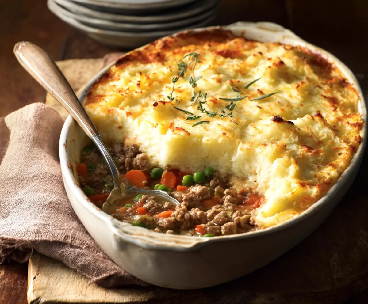 Delicious homemade Turkey Shepherd's Pie with mashed potato topping and savory turkey filling.