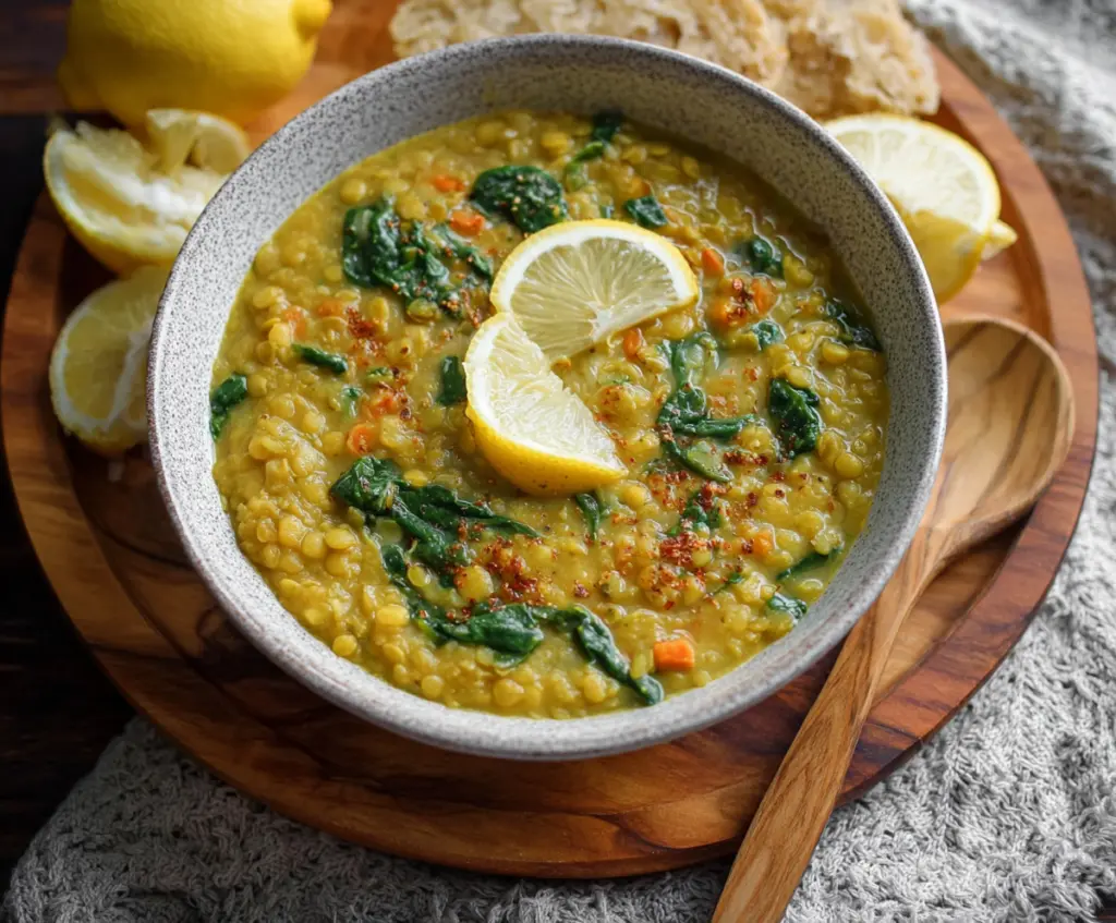 Vegan Lemon Lentil Soup with Turmeric served in a bowl, fresh herbs on top