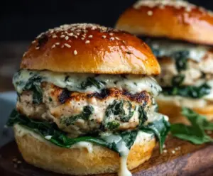 Delicious white cheddar spinach chicken burgers served on a plate with fresh greens.
