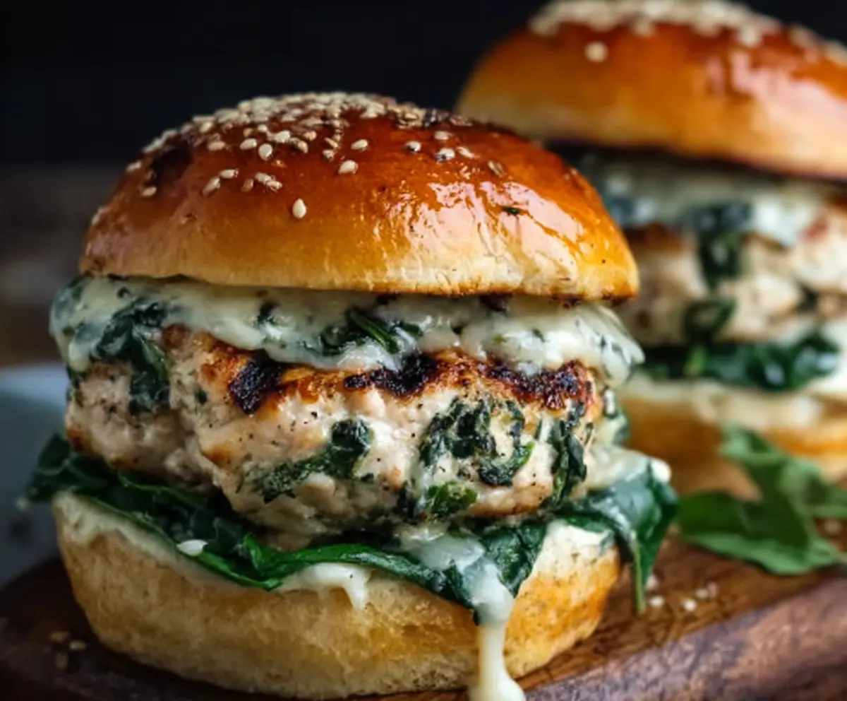 Delicious white cheddar spinach chicken burgers served on a plate with fresh greens.