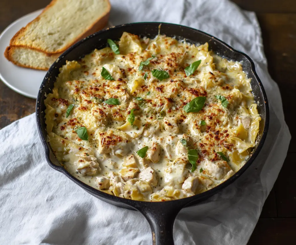 Delicious white chicken skillet lasagna with creamy cheese and tender chicken in a rustic skillet.