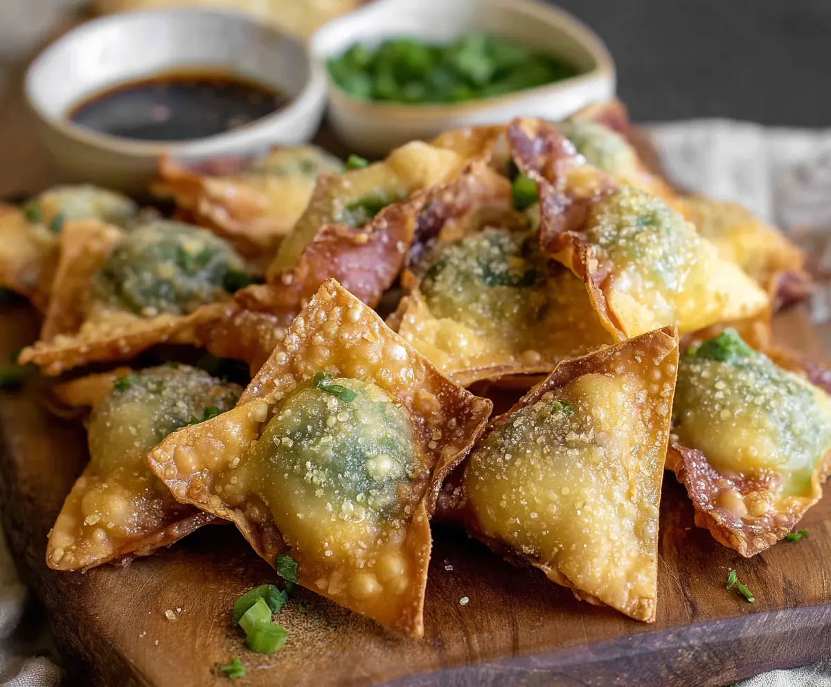 Crispy wonton wrappers filled with jalapeño and cheese, served as spicy appetizer bites.
