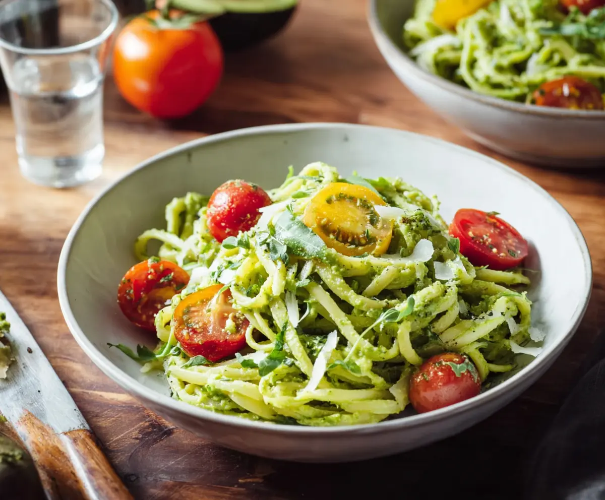 Creamy avocado pasta dish garnished with herbs on a white plate, perfect for a healthy meal.