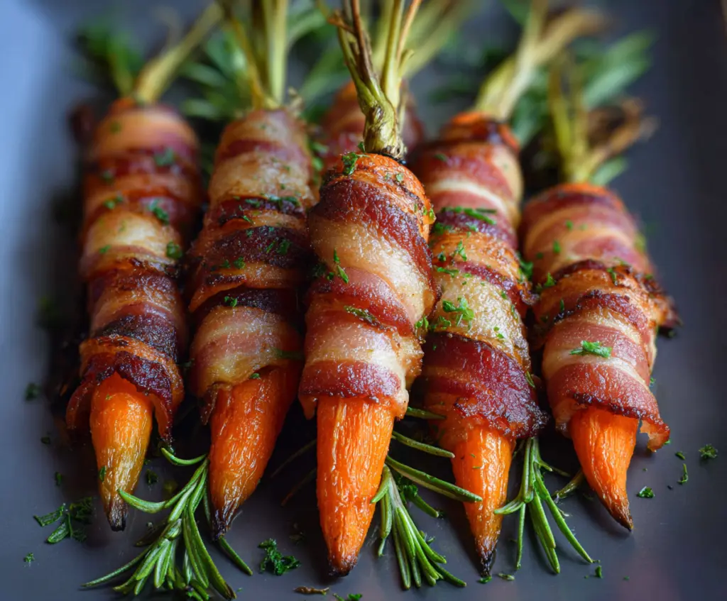 Delicious bacon wrapped carrots cooked to perfection, a savory appetizer or side dish.