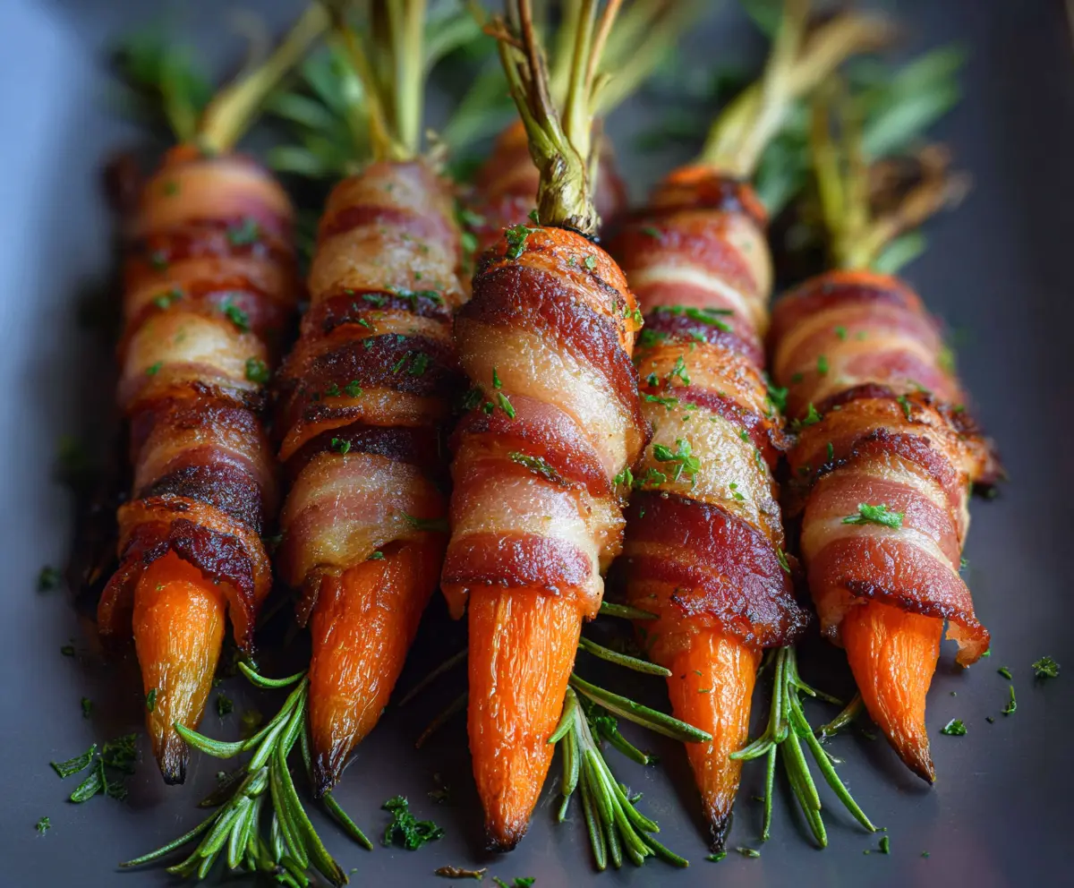 Delicious bacon wrapped carrots cooked to perfection, a savory appetizer or side dish.