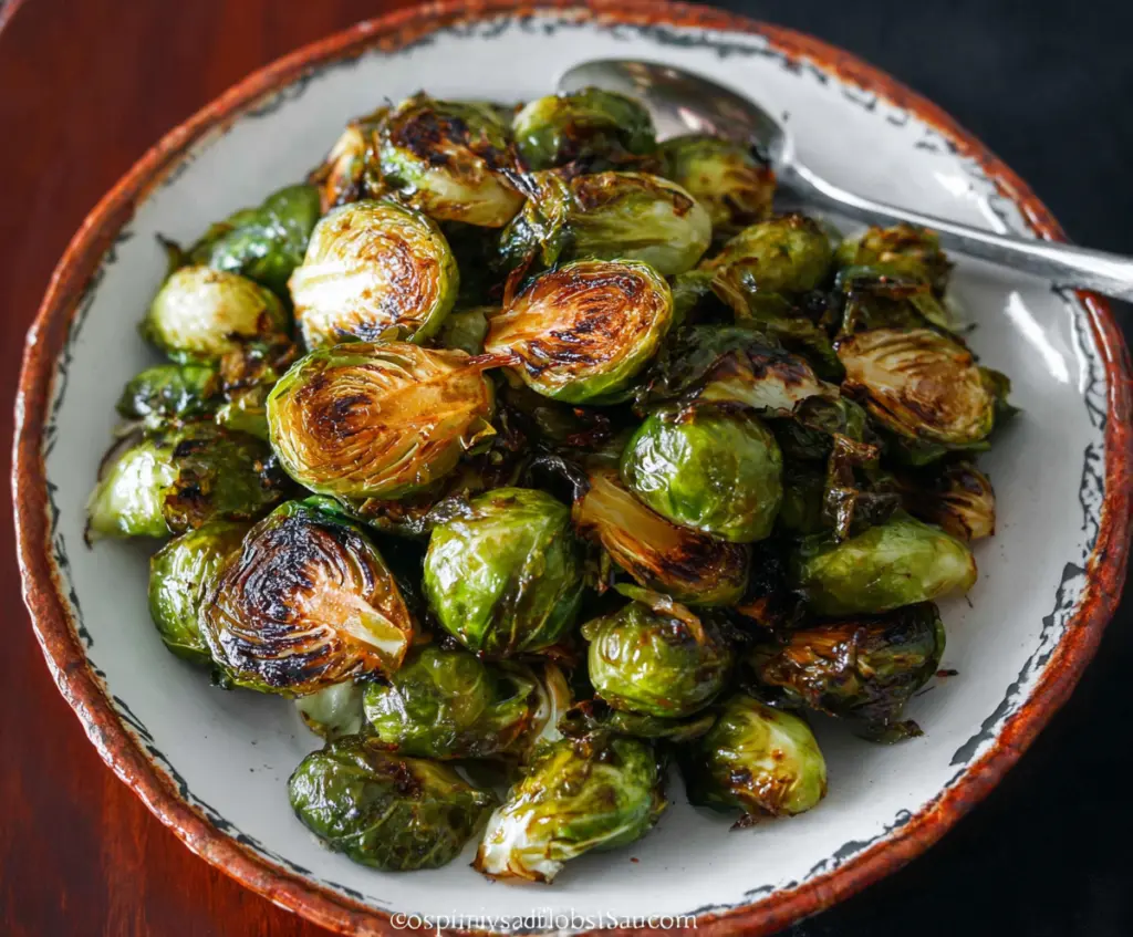 Delicious roasted Brussels sprouts drizzled with balsamic glaze, served as a healthy side dish.