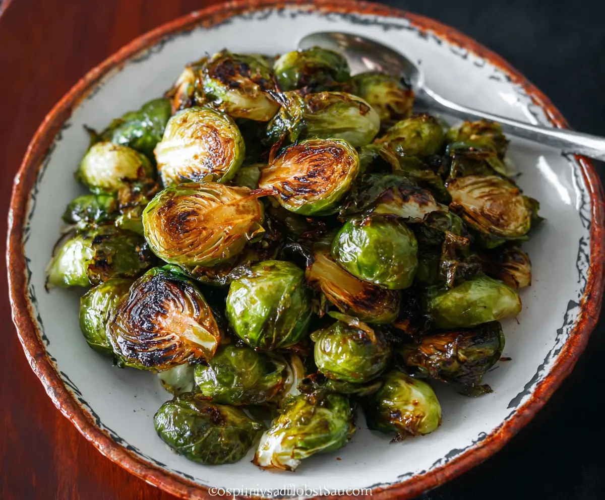 Delicious roasted Brussels sprouts drizzled with balsamic glaze, served as a healthy side dish.