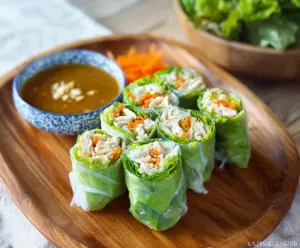 Delicious Bang Bang Chicken Rice Paper Rolls with fresh vegetables and sauce