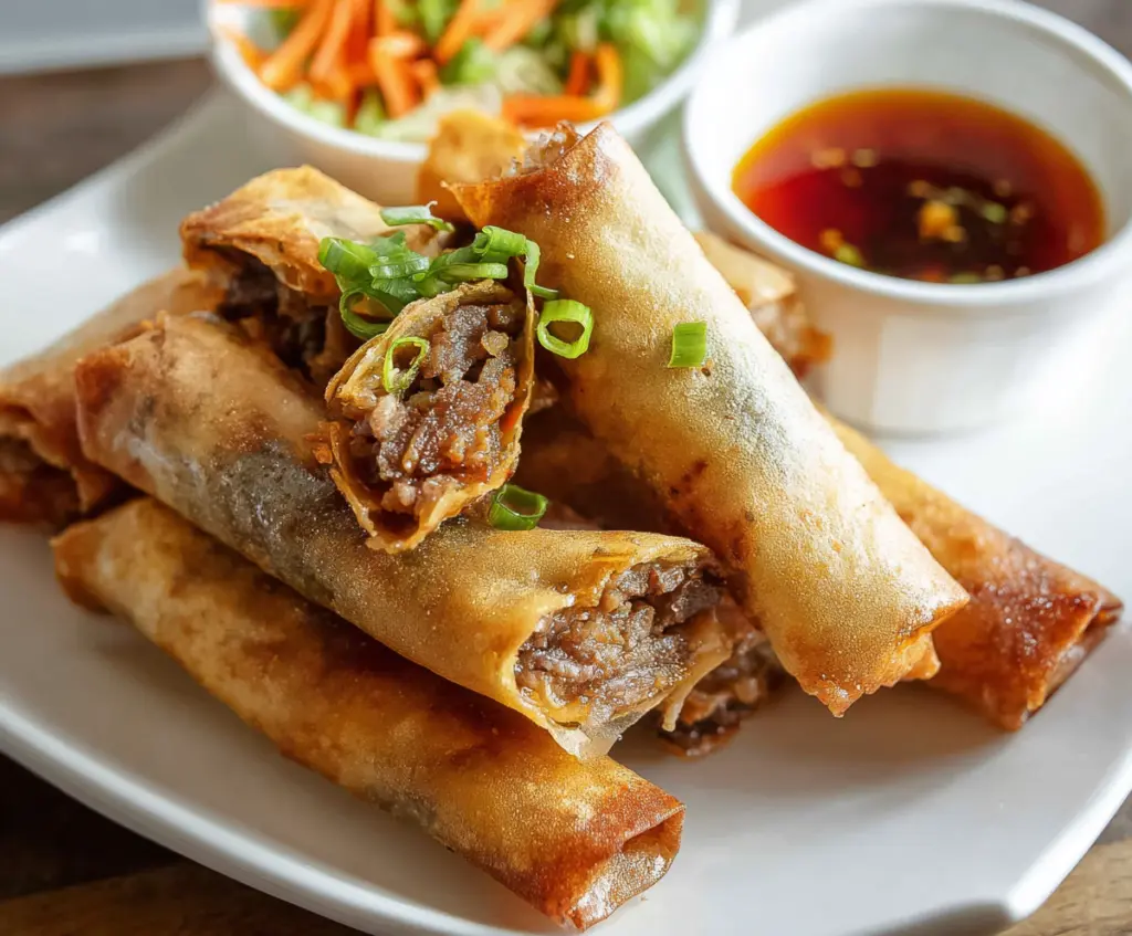 Golden crispy beef lumpia with savory filling, perfect as Filipino snack or appetizer.