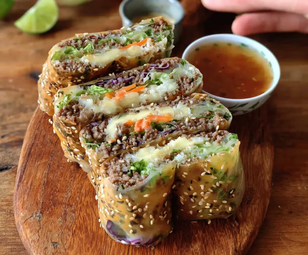 Delicious Big Mac-inspired rice paper rolls filled with beef, lettuce, cheese, and special sauce.