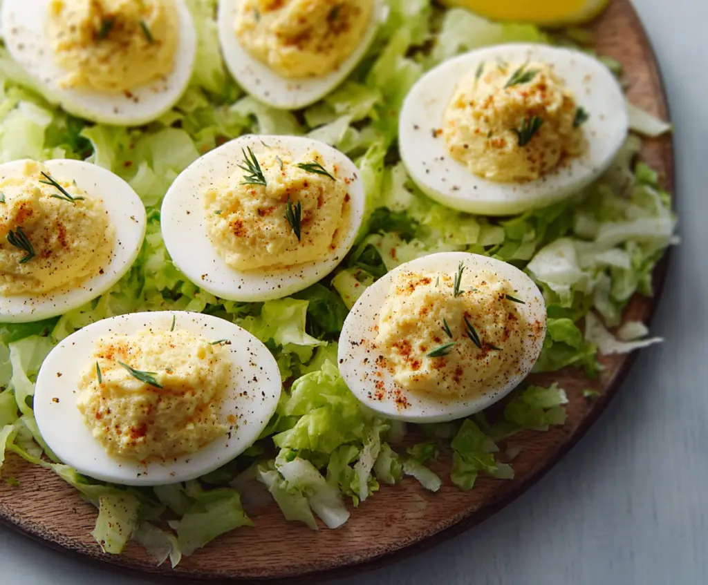 Delicious Caesar deviled eggs garnished with herbs on a white plate
