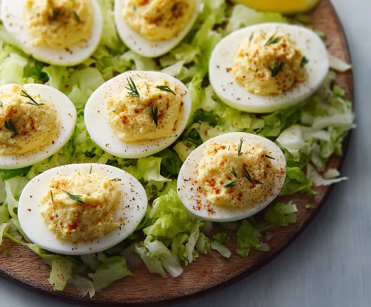Delicious Caesar deviled eggs garnished with herbs on a white plate