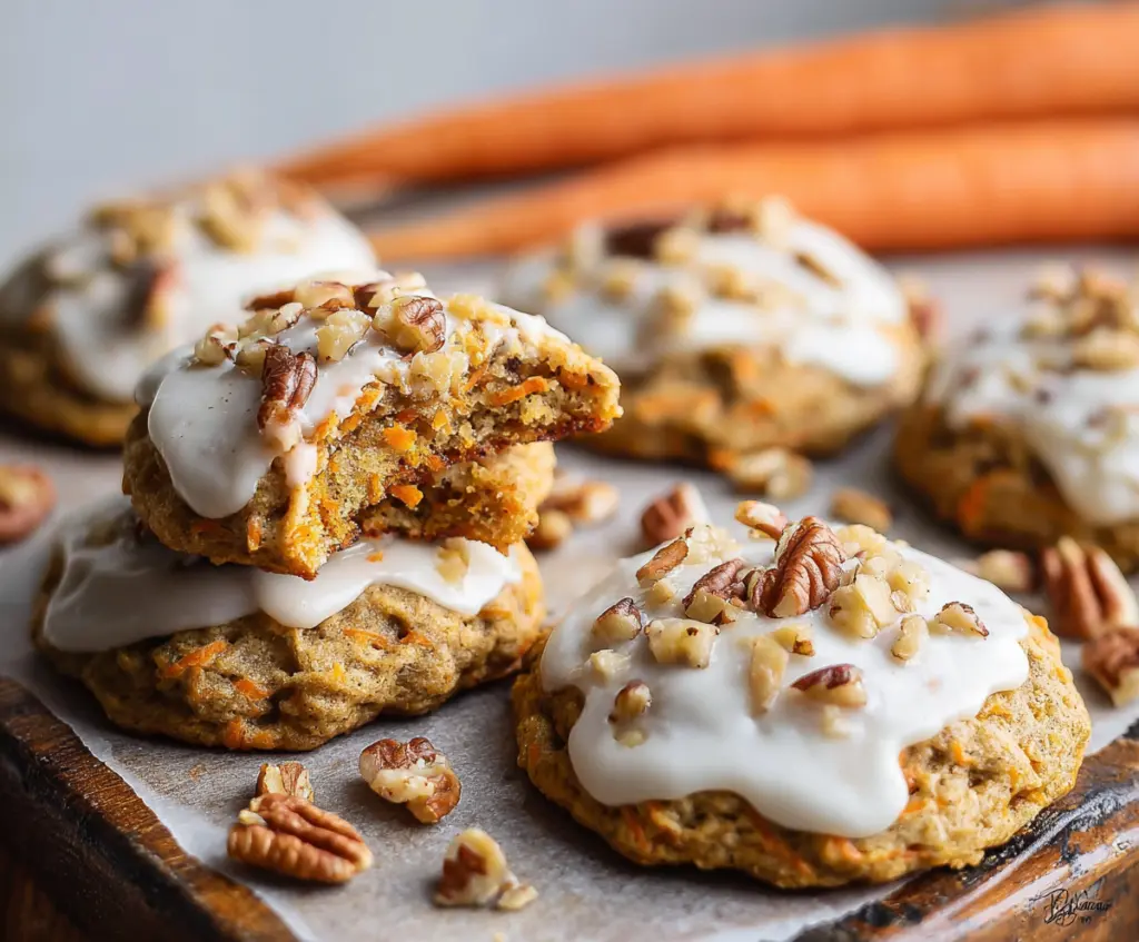 Delicious homemade carrot cake cookies with creamy frosting and grated carrots on top.