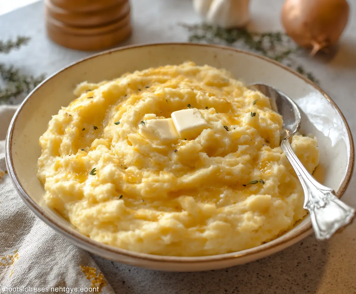 Creamy cheddar garlic mashed potatoes served in a white bowl with fresh herbs on top.