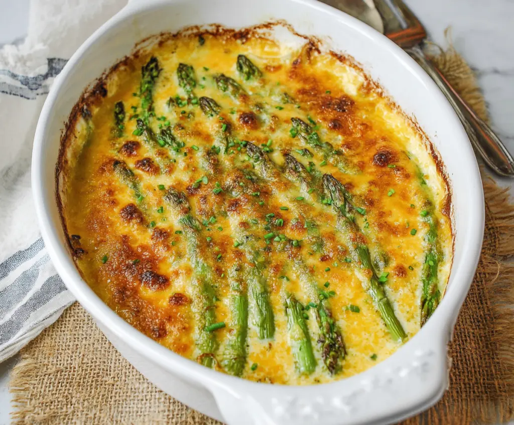 Delicious Cheesy Asparagus Bake topped with melted cheese and fresh herbs, perfect for a healthy appetizer or side dish.