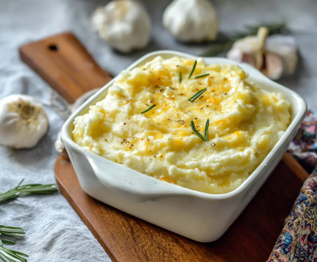 Creamy Cheesy Garlic Mashed Potatoes topped with melted cheese and fresh herbs.