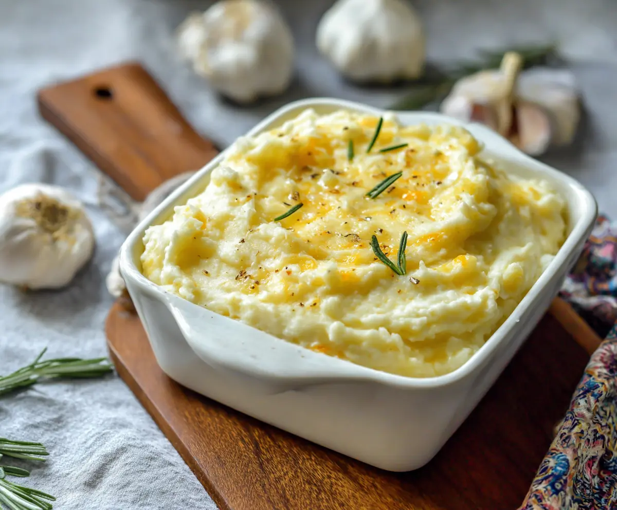 Creamy Cheesy Garlic Mashed Potatoes topped with melted cheese and fresh herbs.