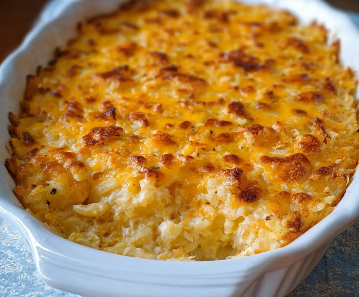 Delicious cheesy hashbrown potato casserole topped with golden melted cheese and crispy edges.