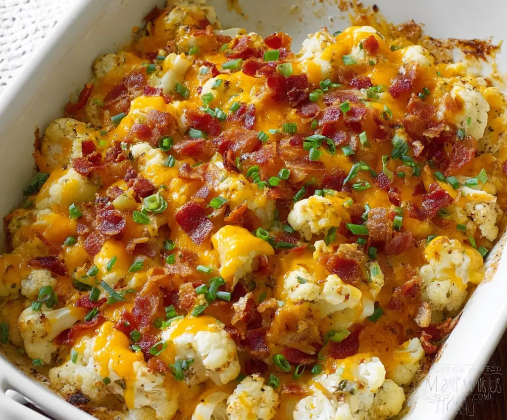 Delicious cheesy loaded cauliflower casserole with melted cheese and savory toppings.