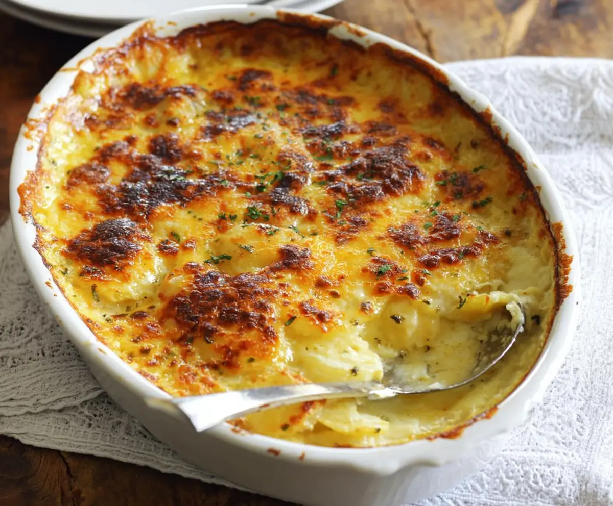 Delicious Cheesy Potato Gratin Casserole in a baking dish with melted cheese and golden potatoes.