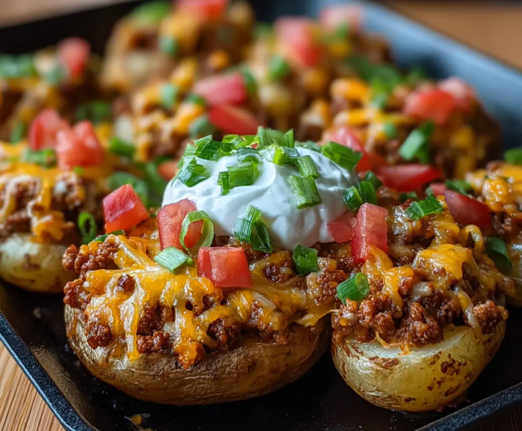 Delicious cheesy Taco Potatoes served on a plate with fresh toppings