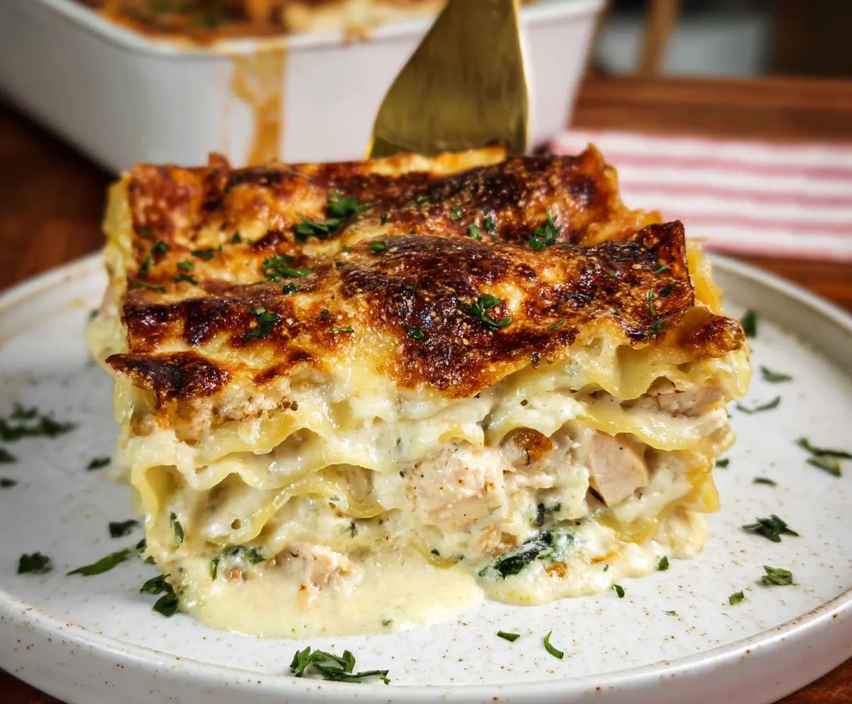 Delicious Chicken Alfredo Lasagna layered with creamy Alfredo sauce and tender chicken pieces.