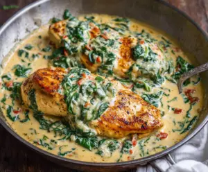Juicy chicken breast served with creamy spinach Parmesan sauce on a plate.