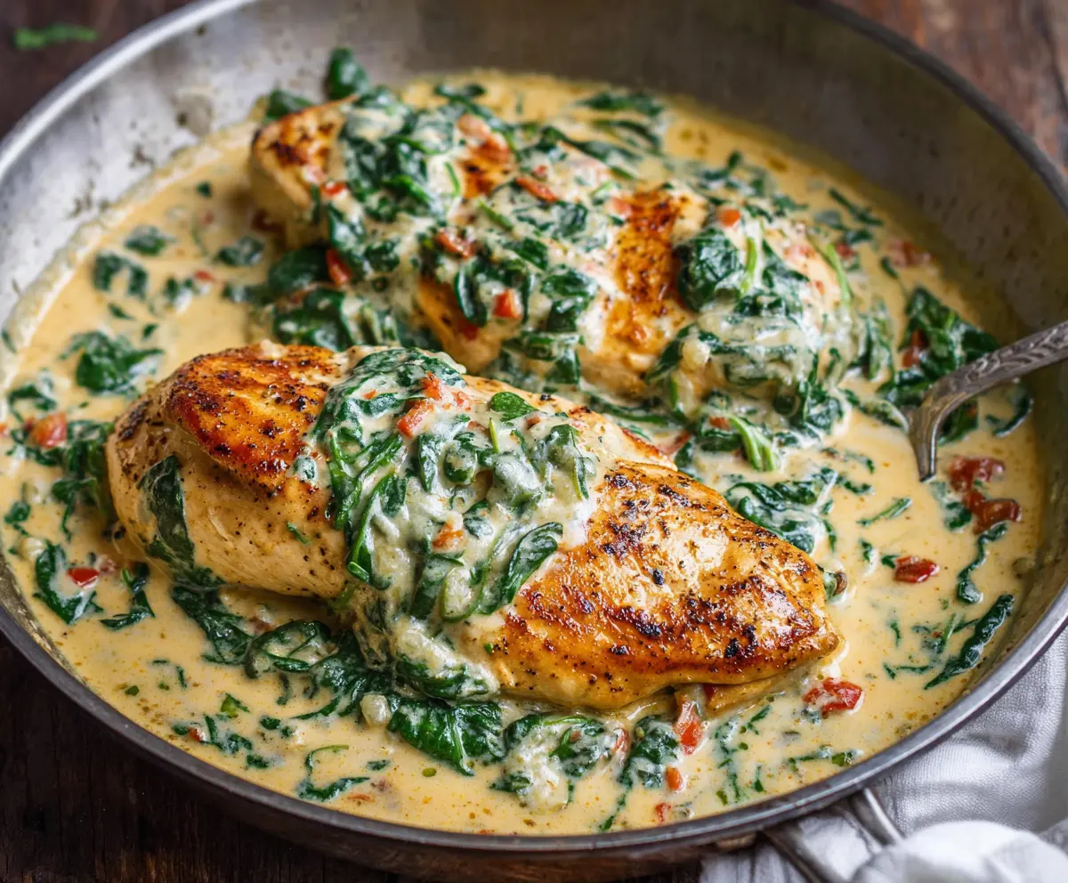 Juicy chicken breast served with creamy spinach Parmesan sauce on a plate.