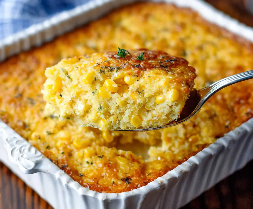 Delicious homemade corn casserole with golden crust and creamy corn filling, perfect for family dinners.