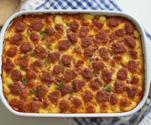 Delicious homemade Corned Beef Casserole with tender beef and vegetables in a baking dish.