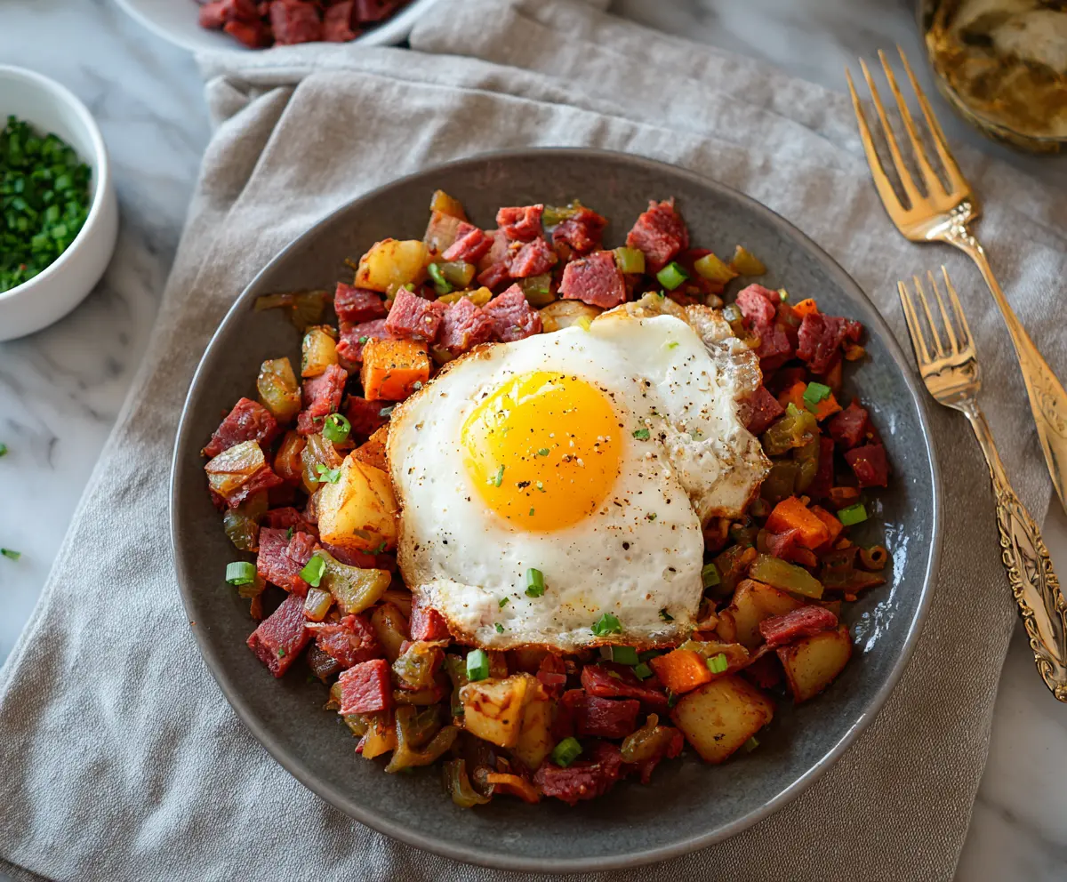 Delicious homemade corned beef hash served with crisp breakfast potatoes and a sunny-side-up egg