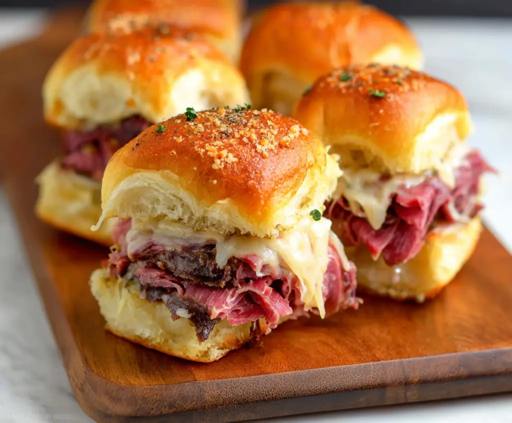 Delicious corned beef sliders with melted cheese and fresh toppings on a plate
