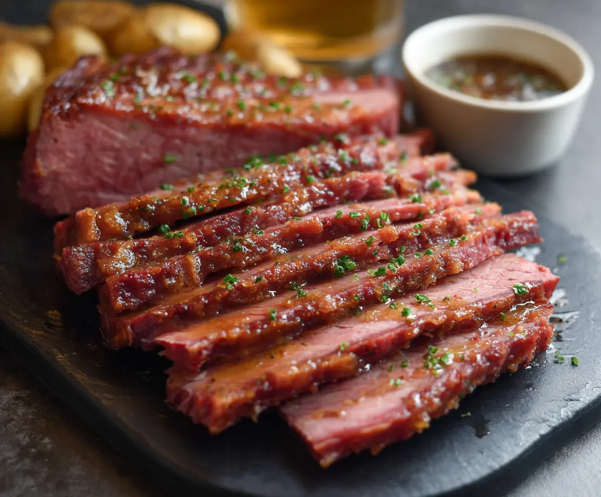 Delicious corned beef glazed with beer served on a plate with vegetables.