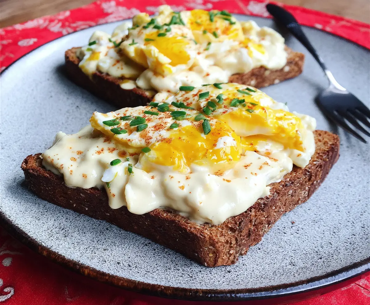 Creamed eggs served on toasted bread, a savory breakfast dish.