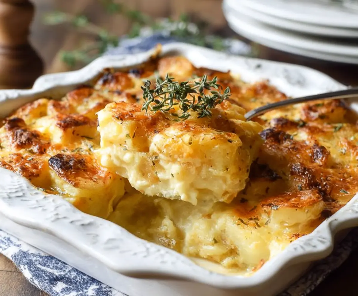 Creamy Cheddar Potato Bake served in a baking dish with melted cheese and crispy edges.