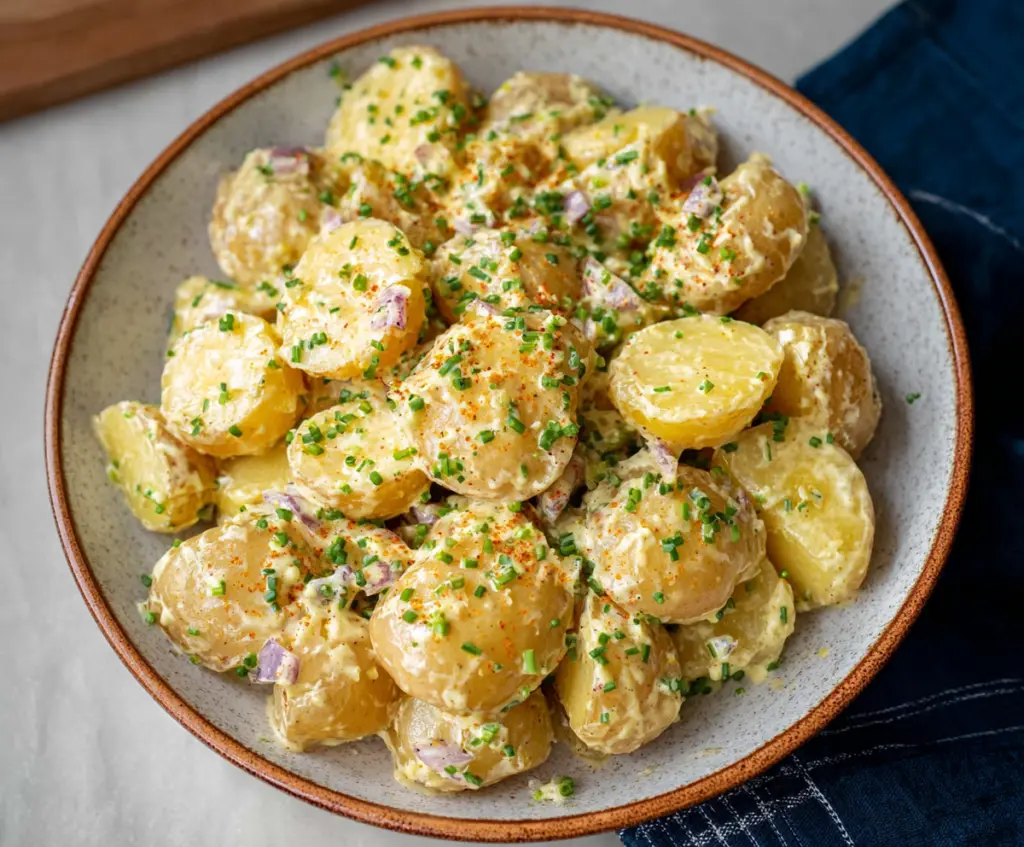 Delicious creamy mustard potatoes served as a savory side dish.