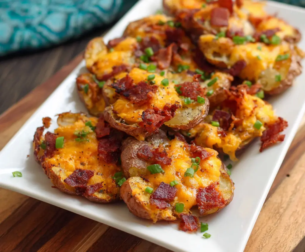 Golden crispy cheesy smashed potatoes served with herbs, perfect for a savory appetizer or side dish.