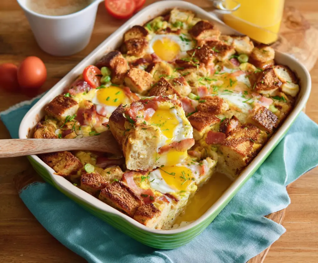 Delicious Easter Breakfast Bake with eggs, cheese, and vegetables ready to serve.