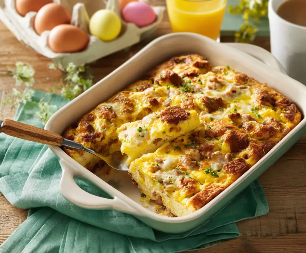 Delicious Easter Breakfast Casserole with eggs, cheese, and ham for a festive morning meal