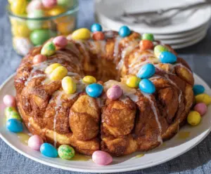 Delicious Easter Brunch Monkey Bread served with icing and fresh berries.