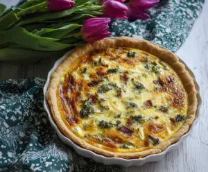 Delicious Easter brunch quiche with fresh vegetables and melted cheese on a festive table.