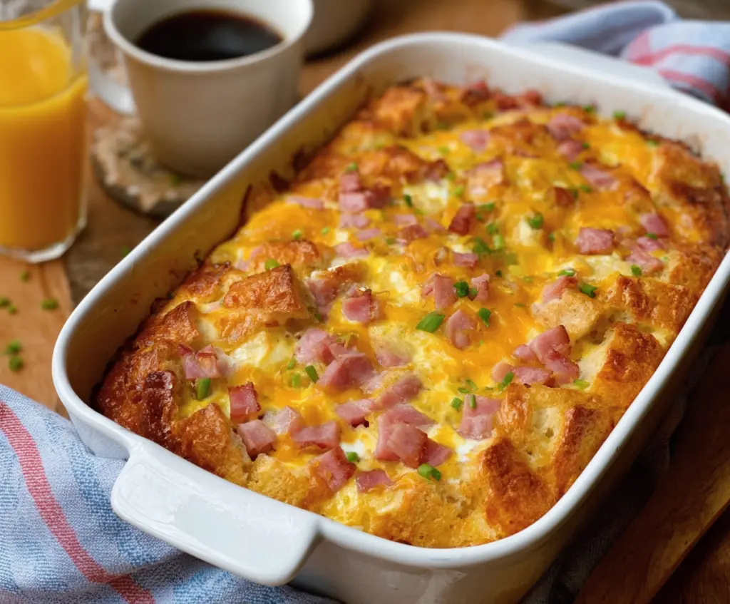 Delicious Easter Cheesy Ham and Egg Casserole with melted cheese and savory ham slices.
