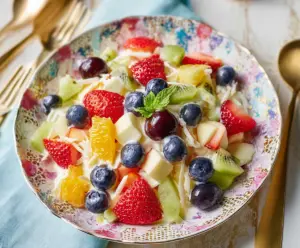 Colorful Easter fruit salad with fresh strawberries, melon, and grapes in a festive bowl.