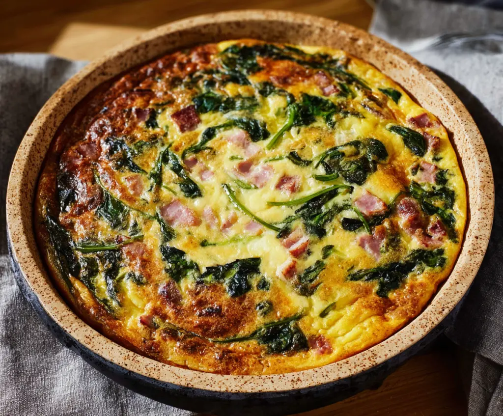 Delicious Easter ham and spinach quiche served on a plate, perfect for holiday brunch.