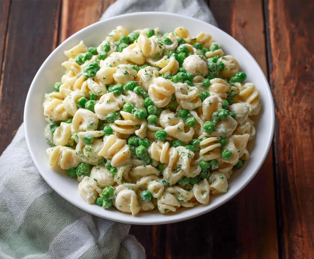 Fresh English Pea Pasta Salad with vibrant vegetables and herbs, perfect for a light summer meal.