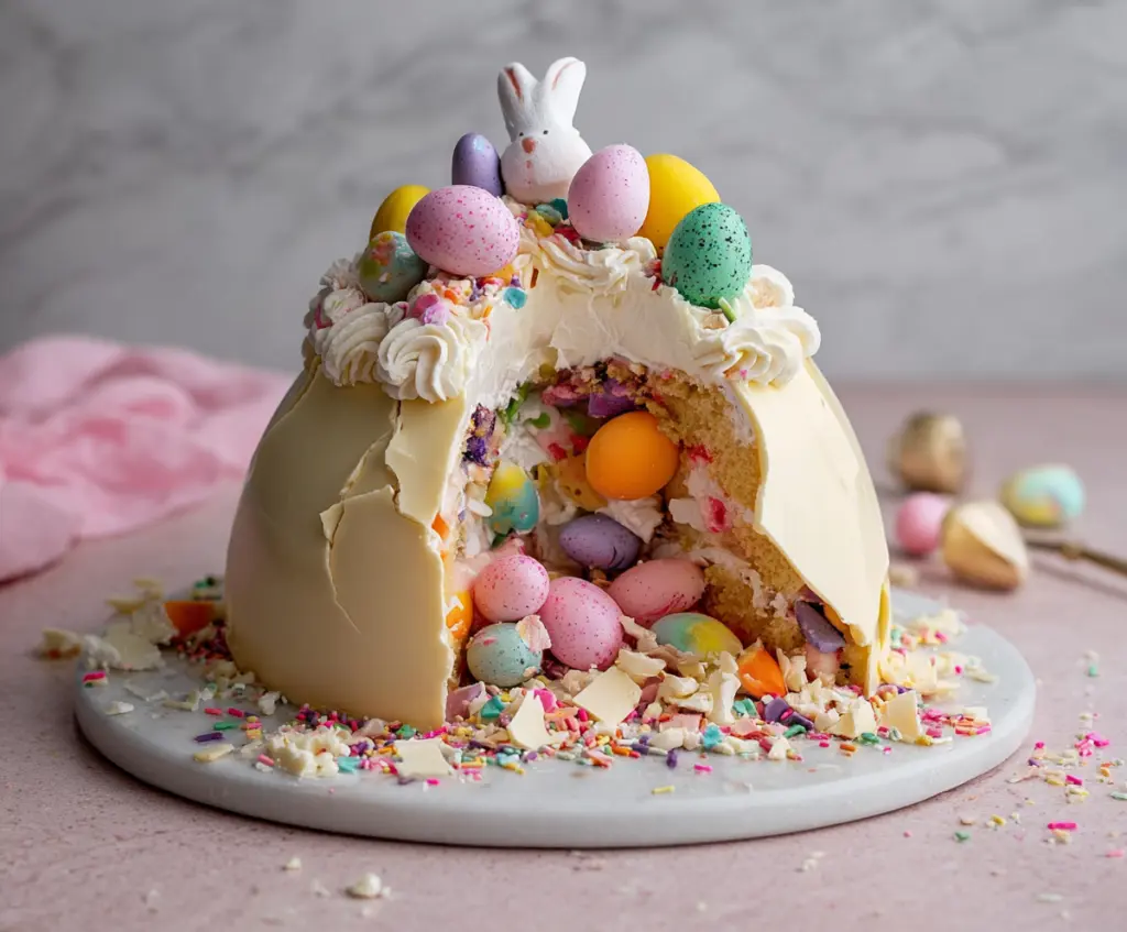 Delicious Epic Easter Egg Smash Cake with colorful icing and holiday decorations
